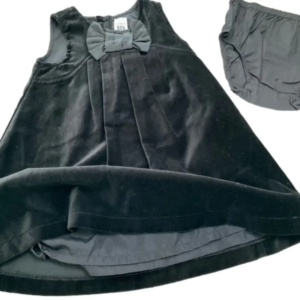 Carter’s Girl's Formal Velour Dress Black Bow Bottoms Size 12 Months NWT